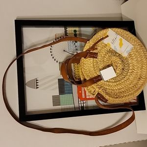 NWT Madewell Indigo Lavender Palm Leaves Leather Strap Handles Round Purse Bag